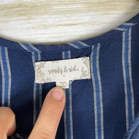 Sandy and Sid Blue Pinstriped Cotton Faux Drawstring button down Romper - Picture 4 of 6